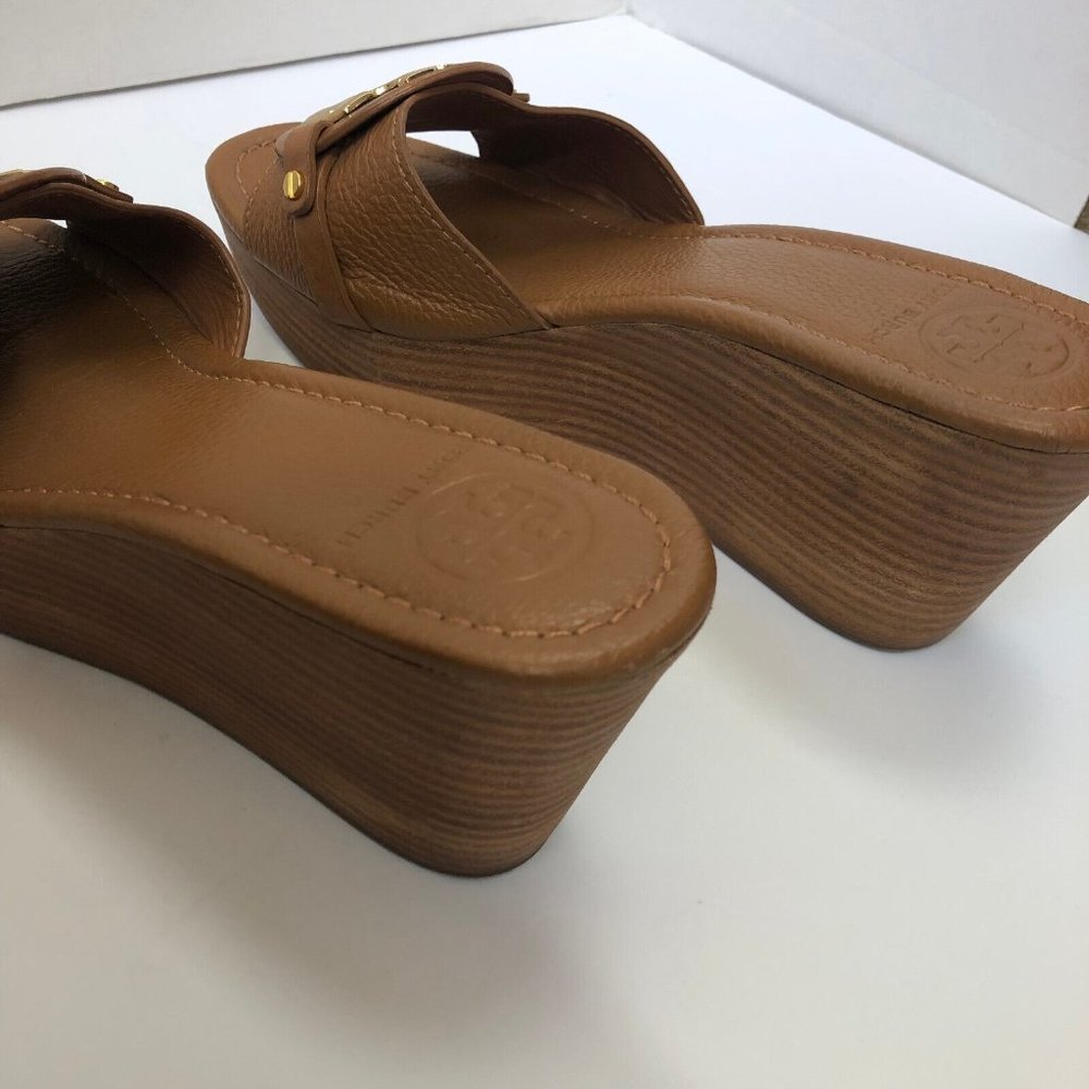 Tory Burch Patti Wedge Sandals Slides Platform Camel Brown Leather Womens 9M 9 - Picture 7 of 12